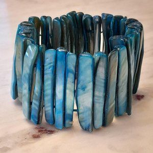 Teal Hand Carved Abalone Elastic Bracelet.